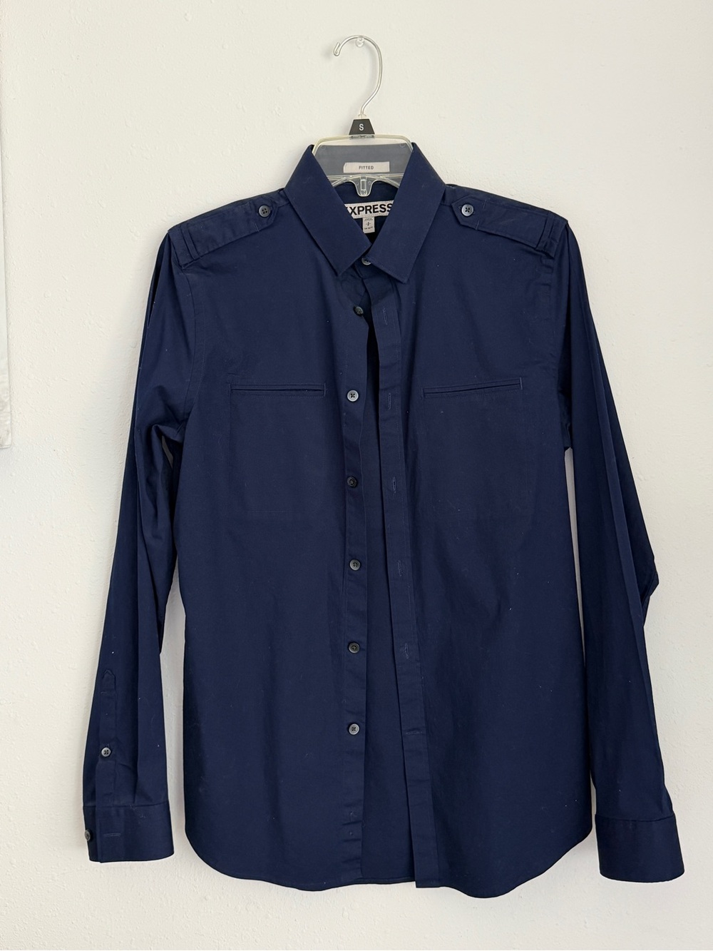 Express Men's Navy Button-Up Shirt with Epaulets